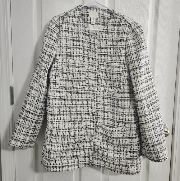 H&M mid length button up Boucle plaid coat regencycore sparkle woman medium - Picture 1 of 10